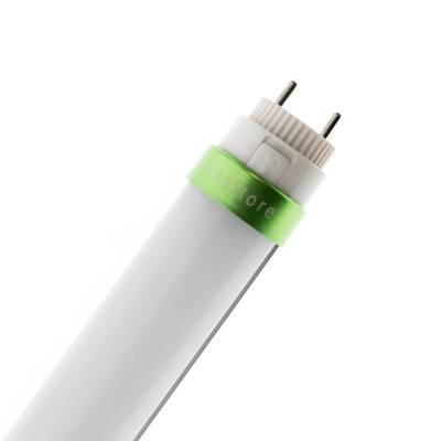 Primo piano di un apparecchio tubolare LED a risparmio energetico, corpo bianco, anello verde, connettori a spina in metallo, illuminotecnica