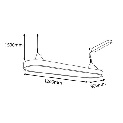 Schema di un apparecchio LED ovale a sospensione con dimensioni di 1500 mm di altezza, 1200 mm di lunghezza e 300 mm di larghezza.