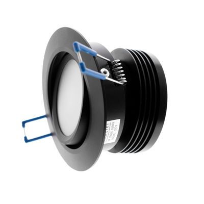 Faretto da incasso a LED nero con clip a molla in metallo blu e diffusore bianco; la perfetta soluzione di illuminazione a risparmio energetico.