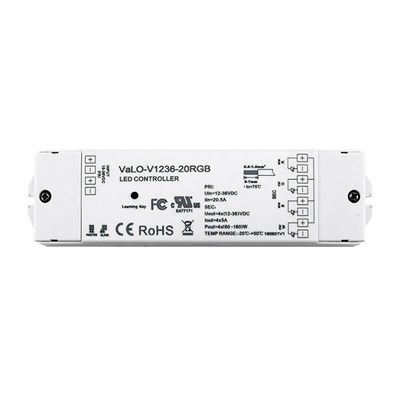 Controller LED VaLO-V1236-20RGB rettangolare bianco con dati tecnici e simboli di certificazione per un controllo ottimale dell'illuminazione LED.