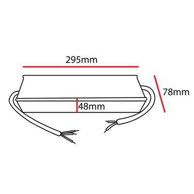 Disegno di un alimentatore LED rettangolare, 295x78x48 mm, con due prolunghe. Ideale per sistemi di illuminazione a LED efficienti.