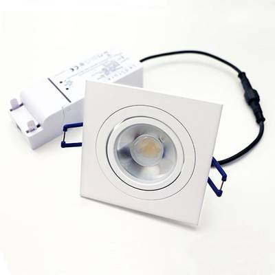 Apparecchio da soffitto a LED quadrato con lampadina a vista, corpo bianco, supporti blu e alimentatore con sfondo bianco per soluzioni di illuminazione ad alta efficienza energetica.