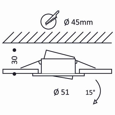 Schema di installazione di un apparecchio LED da incasso con dimensioni: apertura di 45 mm, diametro totale di 51 mm e inclinazione di 15° per l'illuminazione direzionale.