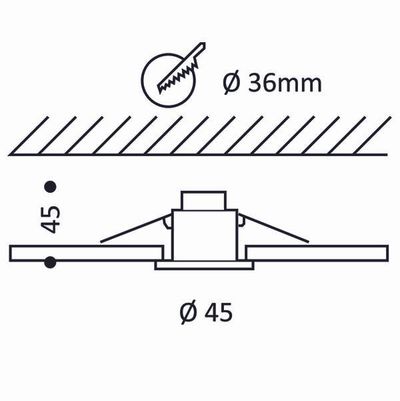 Schema di un componente cilindrico con diametro di apertura di 36 mm e diametro di base di 45 mm, ideale per applicazioni e installazioni di illuminazione a LED.