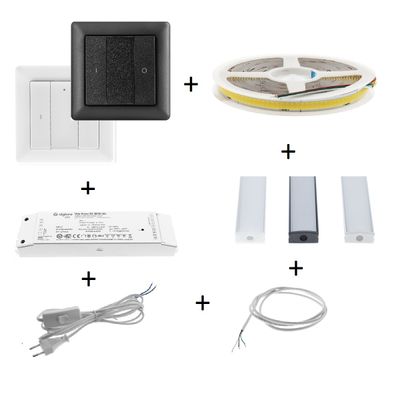 Parti per illuminazione a LED: interruttore nero, striscia LED, controller, due barre, cavo di alimentazione, cavo grigio