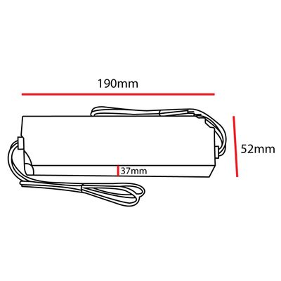 Disegno lineare di un controller LED rettangolare, con le seguenti dimensioni: lunghezza 190 mm, larghezza 37 mm, altezza 52 mm.