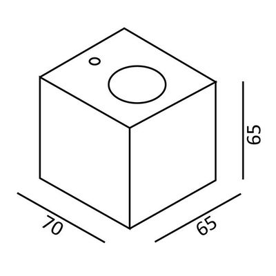 Schema isometrico di un cubo di dimensioni 70x65x65 con cerchi piccoli e grandi in alto, che evidenzia le caratteristiche di design dell'illuminazione a LED.