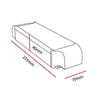 Sagoma rettangolare di apparecchio LED con dimensioni: lunghezza 235 mm, larghezza 70 mm, altezza 40 mm; ideale per soluzioni di illuminazione compatte.