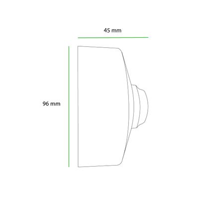 Vista laterale di una lampada LED a forma di cupola con dimensioni: altezza 96 mm e larghezza 45 mm, ideale per soluzioni di illuminazione compatte in negozio e in casa.