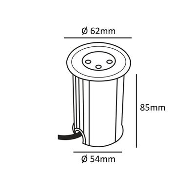 Schema di un apparecchio LED cilindrico con dimensioni: altezza 85 mm, diametro superiore 62 mm, diametro inferiore 54 mm e cavo collegato.