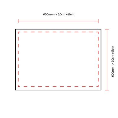 Diagramma rettangolare che mostra gli intervalli di misura da 600 mm a 10 cm di larghezza e altezza con linee tratteggiate per le dimensioni dell'illuminazione a LED.
