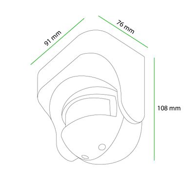 Disegno di linea di una telecamera di sorveglianza, dimensioni 91x76x108 mm, contrassegnata in verde, ideale per l'ottimizzazione SEO di un negozio di illuminazione a LED.