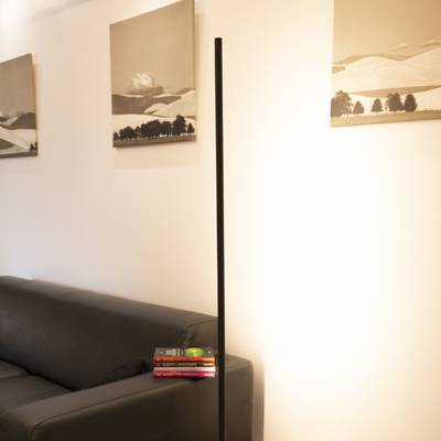 Soggiorno moderno con divano grigio, lampada da terra nera, libri sul bracciolo; opere d'arte di paesaggi in bianco e nero alla parete - atmosfera di illuminazione a LED.