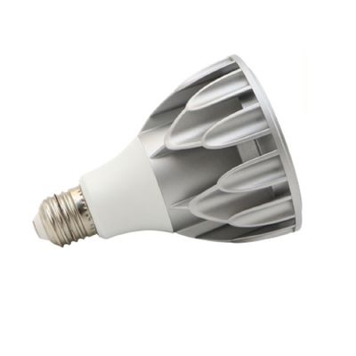 Lampada LED color argento con base a vite e bocchetta su sfondo bianco, ideale per soluzioni di illuminazione moderne.