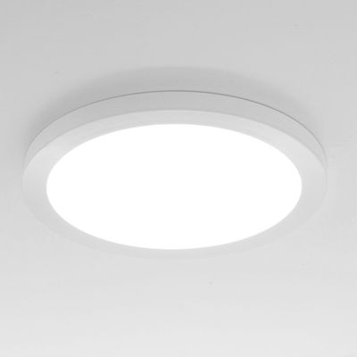 Plafoniera LED rotonda con una luce bianca brillante su un elegante sfondo bianco, ideale per soluzioni di illuminazione moderne.