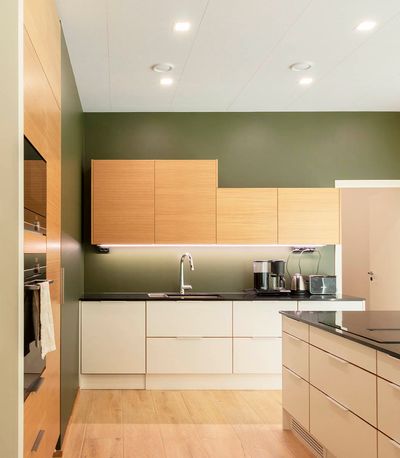 Cucina moderna con pareti verdi, armadietti e banconi in legno chiaro; forno a incasso e isola coordinata, illuminata da un'elegante illuminazione a LED.