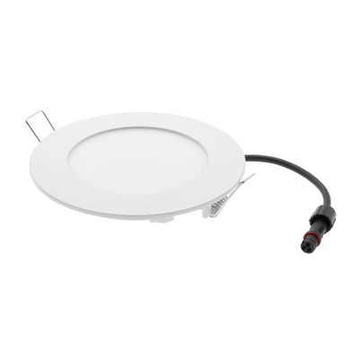 Plafoniera rotonda e sottile a LED bianchi con cavo di alimentazione nero e molle laterali.