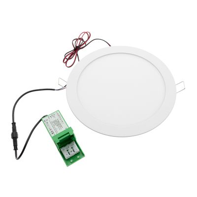 Apparecchio rotondo a pannello LED bianco con cablaggio e componente elettronica verde, perfetto per soluzioni di illuminazione ad alta efficienza energetica.