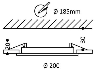 Disegno tecnico della lama circolare da 185 mm con base da 200 mm, con dimensioni di 20 mm e 30 mm, movimento di illuminazione a LED SEO.