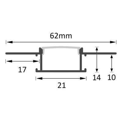 Schema tecnico della luce LED: larghezza 62 mm, altezza 17 mm. Le parti sono visibili a 21 mm, 14 mm e 10 mm di altezza per una maggiore precisione.