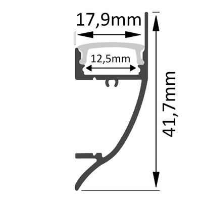 Disegno in sezione della staffa per apparecchi LED con dimensioni: 17,9 mm di larghezza, 12,5 mm di spazio interno e 41,7 mm di altezza per un'installazione precisa.