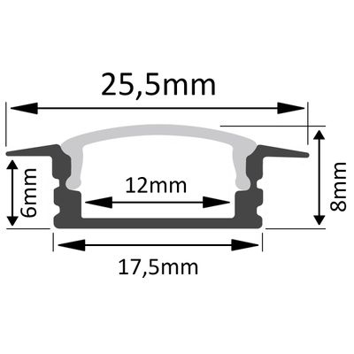 Schema in sezione di un oggetto con larghezza di 25,5 mm, altezza di 8 mm e 6 mm, base di 17,5 mm e larghezza interna di 12 mm. Ideale per l'illuminazione a LED.