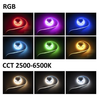 Strisce LED RGB e CCT in rosso, viola, blu, bianco, verde, giallo; presentano temperature del bianco da 2500K a 6500K per un'illuminazione versatile.