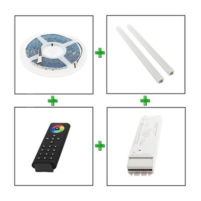 Kit di strisce luminose a LED, comprendente un rotolo di luci, due connettori, telecomando e alimentatore per soluzioni di illuminazione versatili.