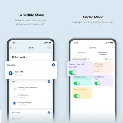 Display per smartphone con modalità di programmazione e di scena per il controllo automatizzato dell'illuminazione a LED, che mostrano una serie di opzioni e impostazioni.