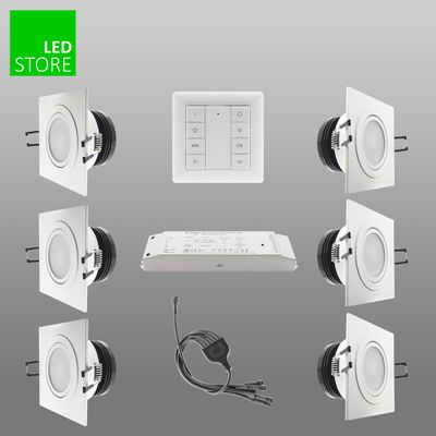 Luci LED quadrate da incasso, interruttore di controllo, alimentatore con sfondo grigio sfumato con logo "LED Store" - Ottimizzate le vostre soluzioni di illuminazione.