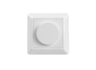 Testo alternativo: 'Interruttore dimmer rotondo bianco con piastra quadrata bianca su sfondo nero, ideale per controllare l'illuminazione a LED.