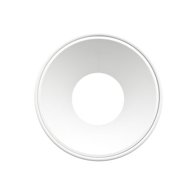 Apparecchio LED rotondo da parete bianco con rientranza centrale, design minimalista, vista frontale. Ideale per soluzioni di illuminazione moderne per la casa o l'ufficio.