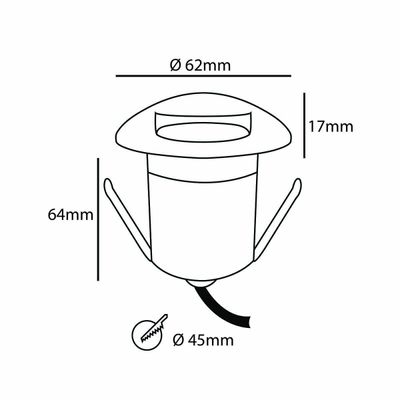 Schema di un apparecchio LED cilindrico con dimensioni: altezza 64 mm, diametro superiore 62 mm, diametro base 45 mm e spessore del labbro superiore 17 mm.