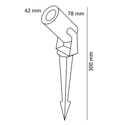 Lampada da esterno con dimensioni: diametro 42 mm, lunghezza 78 mm, altezza 300 mm, incluso il picchetto a terra; ideale per soluzioni di illuminazione a LED in giardino.