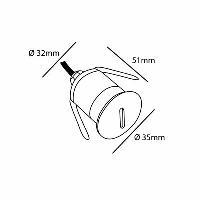 Schema che illustra le dimensioni di un componente cilindrico per illuminazione a LED con flange - diametro 32 mm e 35 mm, lunghezza 51 mm.
