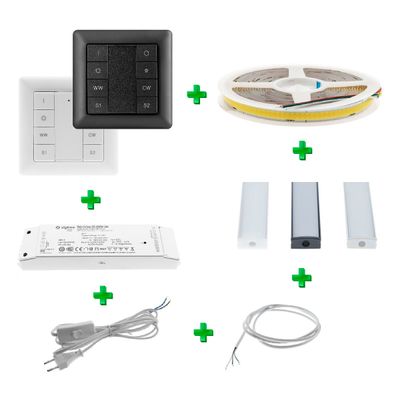 Kit di illuminazione intelligente con interruttori wireless, striscia LED, alimentatore, connettori e cavi su sfondo bianco. Migliora la tua casa con la tecnologia LED.