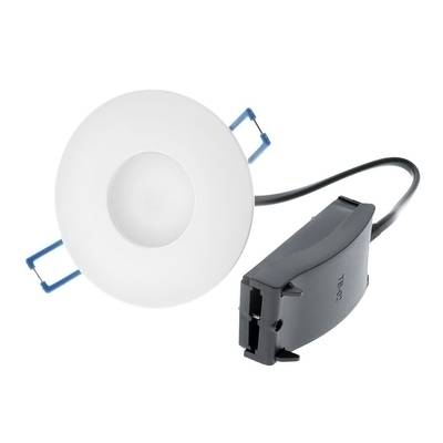 Plafoniera LED rotonda da incasso, finiture bianche, connettore nero, clip blu su sfondo bianco