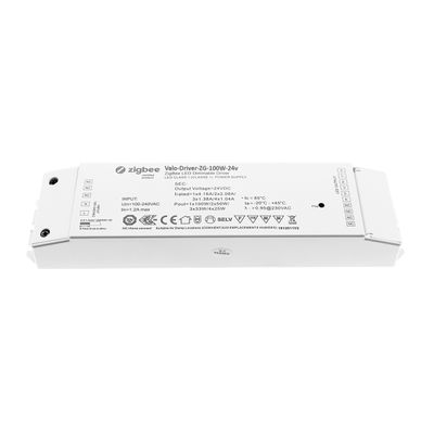 Immagine del Light-Driver Zigbee rettangolare bianco-ZG-100W-24V con dettagli tecnici, loghi e simboli di certificazione, ideale per soluzioni di illuminazione a LED.