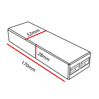 Immagine isometrica di uno switch Ethernet a 2 porte con dimensioni contrassegnate: 170 mm L, 52 mm L, 28 mm H; illuminazione a LED del negozio SEO focus.