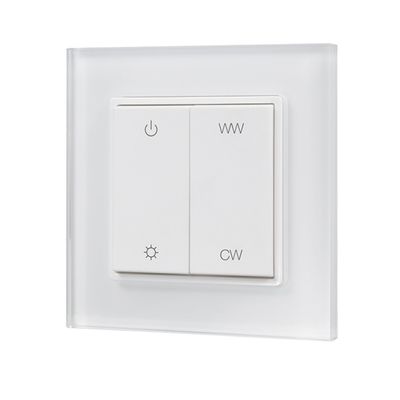 Pannello di comando a luce LED bianca con pulsanti: accensione, bianco caldo, bianco freddo e simbolo di controllo della luminosità per un'illuminazione personalizzabile.