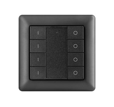 Pannello nero per interruttori luminosi con pulsanti multipli e cornice quadrata; perfetto per le moderne esigenze di controllo dell'illuminazione a LED.