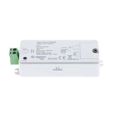 Dimmer LED bianco "YAlo-2G-V1236-8A" con Zigbee; visualizza i connettori di cablaggio e le specifiche per un controllo ottimizzato dell'illuminazione.