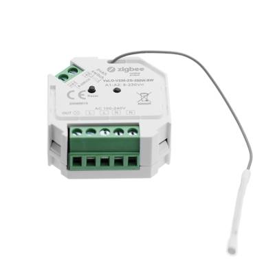 Interruttore intelligente Zigbee bianco, connettori verdi, adesivo dati tecnici, filo antenna bianco sul lato per il controllo dell'illuminazione a LED.