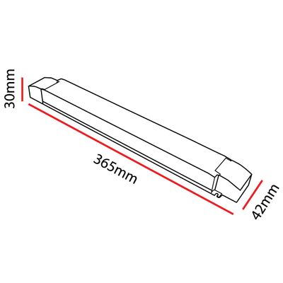 Schema di una scatola luminosa a LED rettangolare con le seguenti dimensioni: lunghezza 365 mm, altezza 30 mm e larghezza 42 mm.