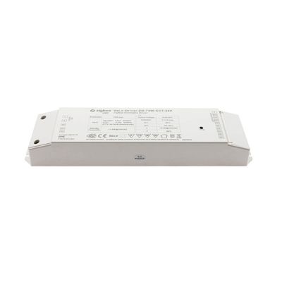 Controllore LED rettangolare bianco che visualizza i dati di ingresso/uscita e i marchi di certificazione, ideale per le soluzioni di illuminazione LED ad alta efficienza energetica.