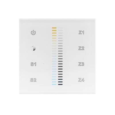 Il pannello a sfioramento digitale bianco è dotato di pulsante di accensione, sensori S1 e S2 e rilevatori di zona Z1-Z4 con barre di colore sfumato per il controllo dell'illuminazione a LED.
