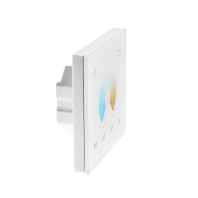 Interruttore luminoso intelligente: design minimalista con controllo dell'inclinazione, comandi a sfioramento su un pannello quadrato bianco per moderne soluzioni di illuminazione a LED.