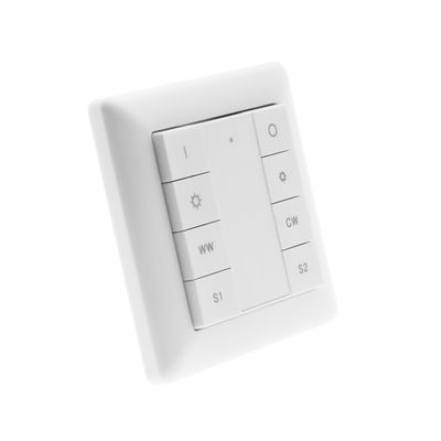 Interruttore a parete per illuminazione a LED: design quadrato, bianco, con pulsanti per la regolazione della luminosità, il riscaldamento del colore (WW/CW) e le funzioni di alimentazione (I, O, S1, S2).