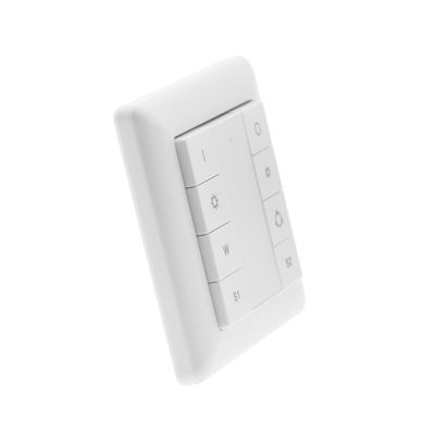 Interruttore intelligente, design quadrato bianco con pulsanti sole, goccia di pioggia, S1 e S2; ideale per controllare l'illuminazione a LED; sfondo bianco minimalista.