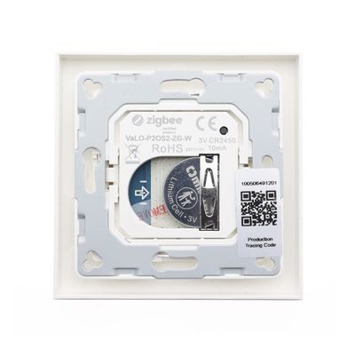 Interruttore a parete intelligente certificato Zigbee smontato, che rivela i componenti interni come la batteria e il circuito stampato su uno sfondo bianco. Negozio di illuminazione a LED SEO.